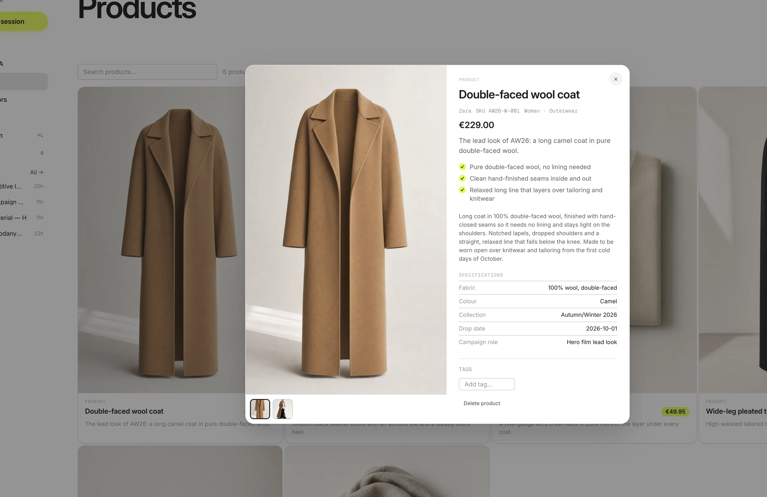 Wool coat product details with features, specifications and product images