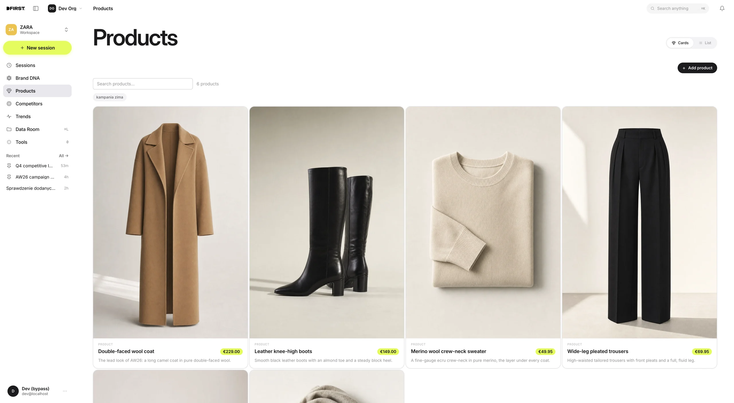 Products interface with search, product cards, names and prices